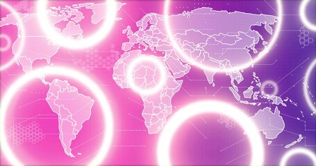 Displaying white-contour global map centered on pink-purple gradient, showing glowing rings, nodes