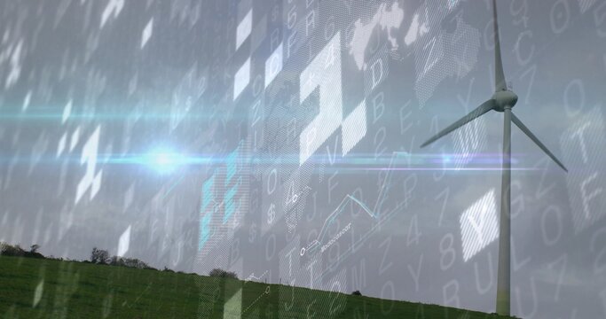 Standing white wind turbine right over grassy hill in countryside, showing data overlay, copy space