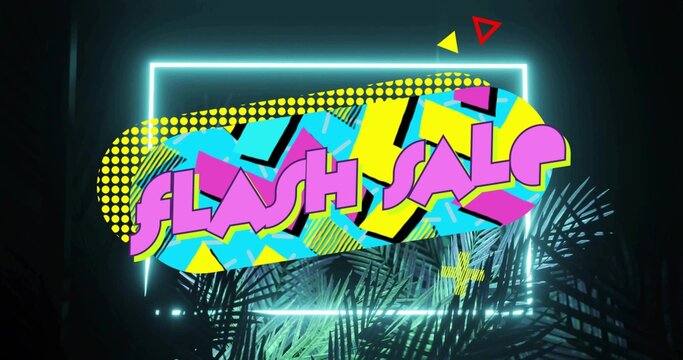 Displaying retro neon FLASH SALE signage glowing in dark studio, with cyan frame and palm fronds