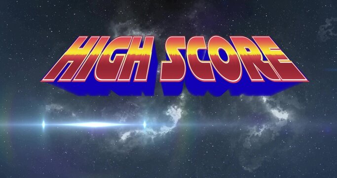 Naklejki Displaying large stylish 3D text HIGH SCORE glowing over nebula stars, lens flare and drop shadow