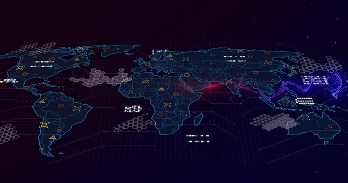 Displaying neon blue wireframe world map on tilted 3D virtual dashboard, with hexagonal clusters