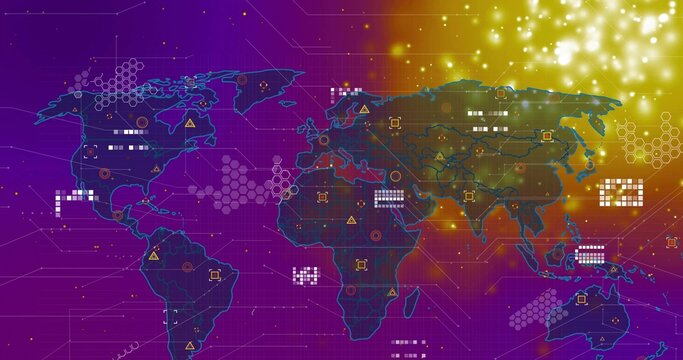 Displaying stylized world map showing data on purple-gold dashboard, hexagons and glowing nodes