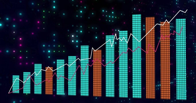 Displaying vertical bar chart on navy backdrop turquoise orange grid bars with white magenta lines