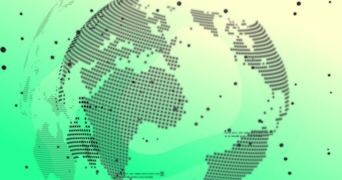 Rotating stylized dotted globe showing dot continents in digital UI, with markers and dashed lines