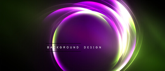 Abstract vibrant circular design. Purple, yellow, green glows create dynamic visual effect. Modern background suitable for various projects.