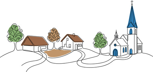 Village scene illustration, stylized rural drawing, church and houses vector, whimsical landscape design, artistic countryside artwork, minimal nature concept graphic