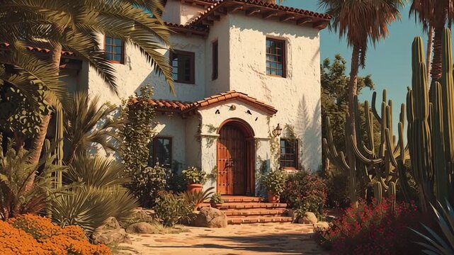 A picturesque Mediterranean or Spanish-style white stucco house with terracotta roof tiles and lush landscaping including palm trees, cacti and flowers
