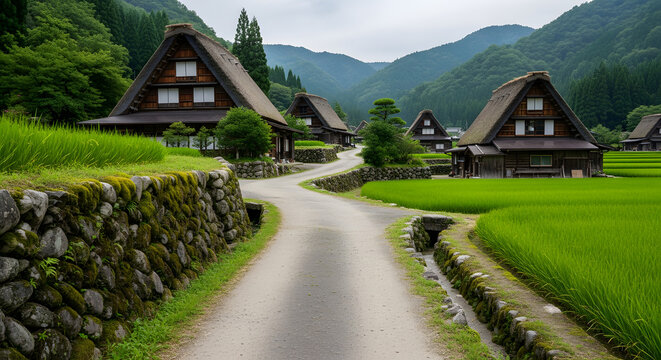 Beautiful Summer Japanese Countryside Landscape with Green Rice Paddies - Clean Asphalt Road passing Traditional Farmhouses under Blue Sky