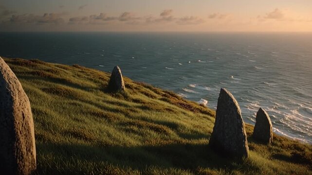 A row of tall standing stones on a grassy coastal cliff at sunset with the ocean in the background under a sky filled with warm golden light and scattered clouds