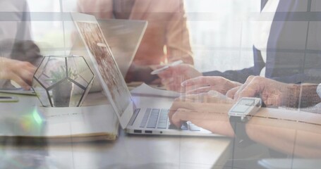 Typing colleagues' hands pressing keys at meeting table, laptop and terrarium in business-casual