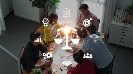 A diverse team of professionals engages in a collaborative meeting within a modern office. Digital icons symbolize innovation, justice, and teamwork, enhancing the atmosphere. Raster - Powered by Adobe