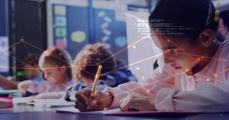 Writing girl pink-shirted leaning over notebook in class, using yellow pencil with code overlay