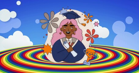 Smiling graduate with pink hair wearing navy gown and cap, holding diploma amid rainbow rings