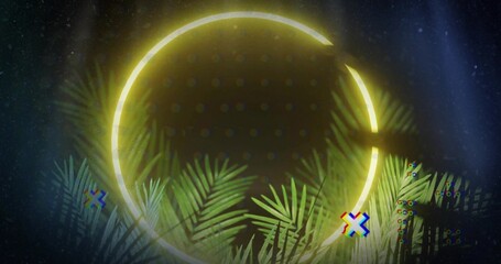 Naklejka premium Glowing partial yellow neon ring dominating graphic stage backdrop, with palm fronds and glitch Xs