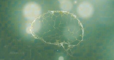 Glowing brain network pulsing in digital data over green-teal grid, with circuits and nodes