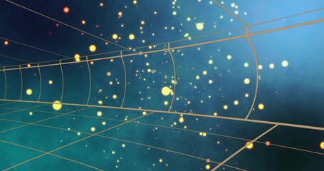 Fototapeta premium Flowing gold grid tunnel pulling glowing yellow orbs and spark particles through digital corridor