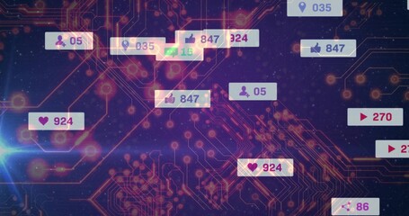 Floating social badges traveling along magenta-orange traces in virtual network, showing counters