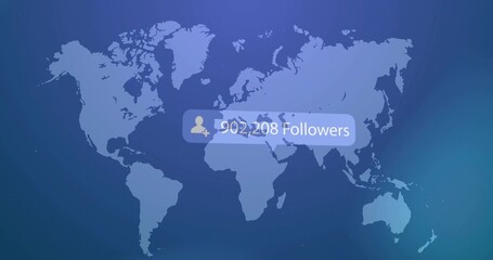Obraz premium Displaying translucent follower bubble over world map, showing user-plus icon and 902,208 Followers