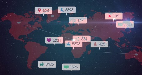 Displaying stylized map showing red continents on digital dashboard, with icon badges and links