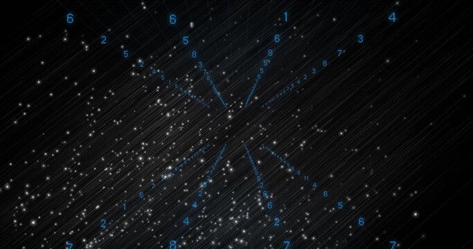 Displaying radial lines converging on central node in dark display, with blue numerals and stars