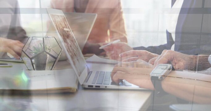 Typing colleagues' hands pressing keys at meeting table, laptop and terrarium in business-casual