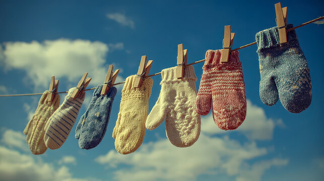 Colorful knitted mittens hanging and drying on clothesline under blue sky
