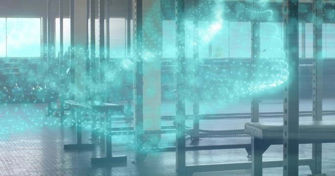 Swirling translucent teal particle ribbon weaving through empty gym space, over benches and racks - Powered by Adobe