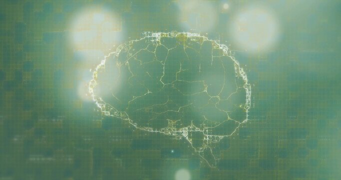 Glowing brain network pulsing in digital data over green-teal grid, with circuits and nodes