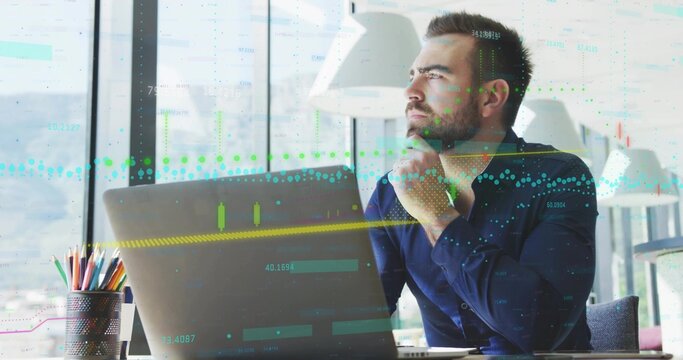 Gazing man in dark blue shirt, resting chin, viewing laptop with financial charts, copy space - Powered by Adobe