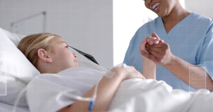 Lying child reclining on hospital bed, IV line and nurse holding hand in light blue scrubs - Powered by Adobe