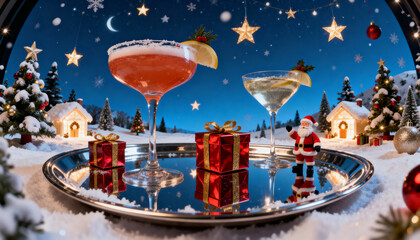 Christmas table with champagne bottle and glasses for a festive celebration