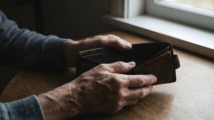 Close up of poor senior man hands holding open empty leather wallet on wooden table illustrating financial crisis