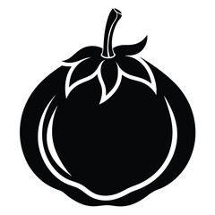 Simple black silhouette of a ripe tomato with stem and leaves shows clearly
