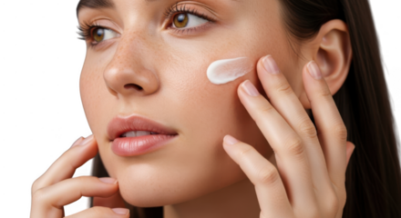 Woman applying skincare cream on her face with her hands, closeup shot of beauty routine and facial care isolated on transparent background
