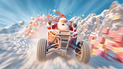 Santa Claus rides an all-terrain vehicle across snowy terrain with a massive explosion of colorful presents flying in the background during daylight - Powered by Adobe