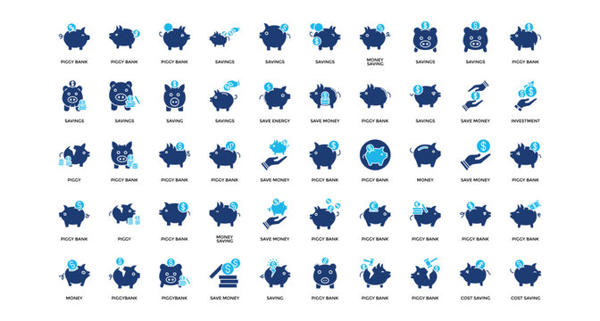 Piggy bank icon set collection. Containing invest, trust, value, arrows, loss, management, note .Solid vector icons collection