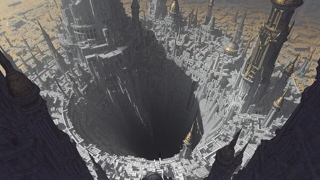 Surreal aerial view of an immense fictional city with intricate architecture and a massive central pit, resembling a futuristic or fantasy megastructure environment