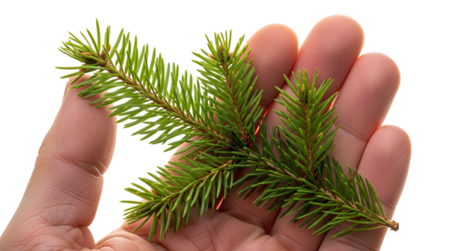Human hand gently holding a fresh, vibrant green spruce branch with sharp needles, symbolizing nature's pristine beauty and the freshness of evergreen plants on a crisp white background