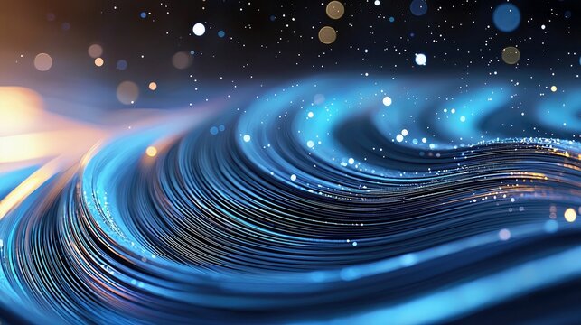 Abstract swirling blue lines with scattered glowing particles and bokeh lights against a dark, starry background. The lighting is moody and ethereal.