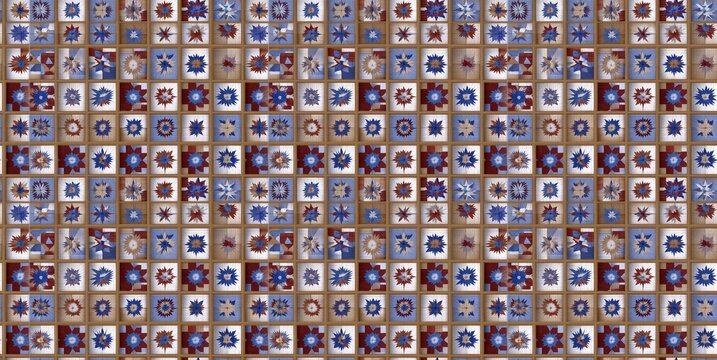 Seamless patchwork quilt pattern featuring stars and stripes in earthy tones, ideal for rustic wallpaper designs.