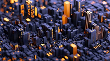 A stylized, abstract cityscape with dark blue buildings illuminated by glowing orange lights, suggesting a futuristic or digital metropolis at night.