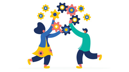 Naklejka premium Highly detailed flat vector illustration featuring two prominent figures engaged in a dynamic interaction rendered with a vibrant and diverse color palette and clean typography