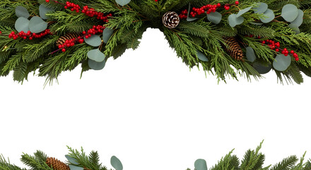 Vibrant festive holiday border featuring lush evergreen fir branches, red berries, and natural pine cones on a clean white background, evoking warm, cozy seasonal cheer for celebratory designs