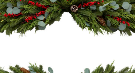 Vibrant festive holiday border featuring lush evergreen fir branches, red berries, and natural pine cones on a clean white background, evoking warm, cozy seasonal cheer for celebratory designs