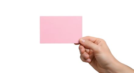 Close-up of a human hand delicately holding a blank, rectangular pink paper card, perfect for customizable messages or branding, isolated on a bright white background