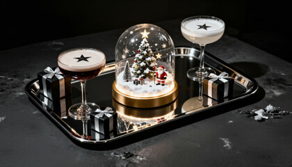 Close-up photo of a vintage stainless steel tray with snow globes to celebrate Christmas.