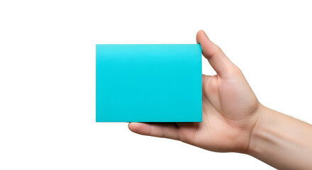 A hand presents a vibrant blank turquoise card, a pristine space offering fresh opportunity for your message, idea, or creative content