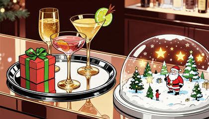 Wine glasses with champagne on the table in a romantic dining atmosphere, snow globe with Santa Claus