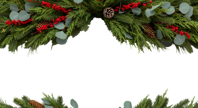 Vibrant festive holiday border featuring lush evergreen fir branches, red berries, and natural pine cones on a clean white background, evoking warm, cozy seasonal cheer for celebratory designs