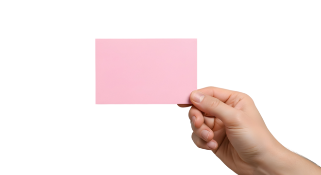 Close-up of a human hand delicately holding a blank, rectangular pink paper card, perfect for customizable messages or branding, isolated on a bright white background